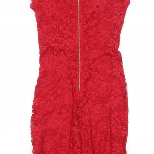 Dorothy Perkins Womens Red Floral Polyester Shift Size 6 Round Neck Zip
