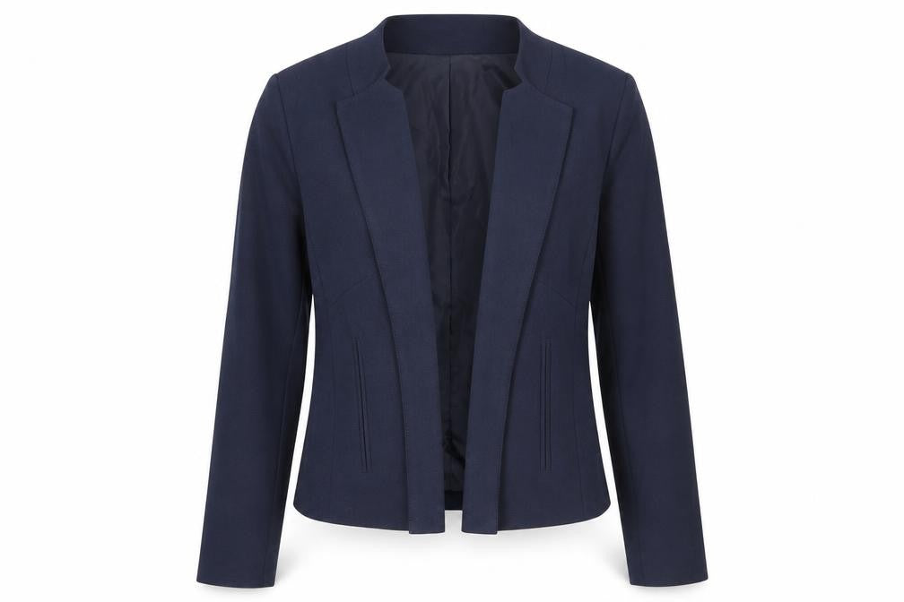 Front view of ASOS women’s blue polyester jacket blazer, size UK 12, - open