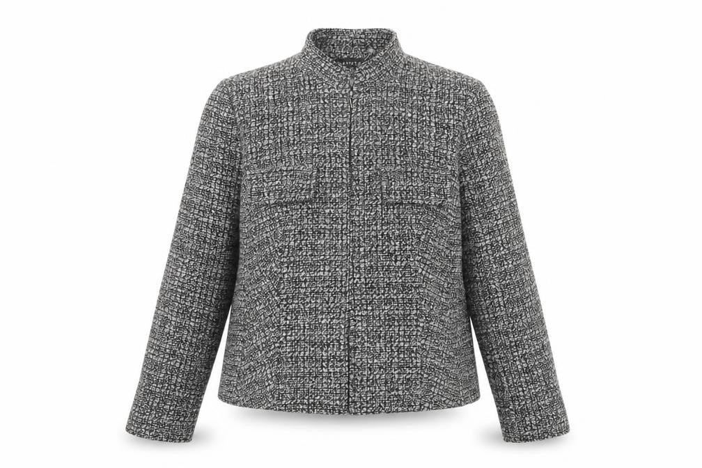 Front view of Article women’s black geometric jacket, size UK 16, zip
