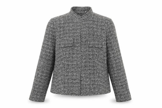 Front view of Article women’s black geometric jacket, size UK 16, zip
