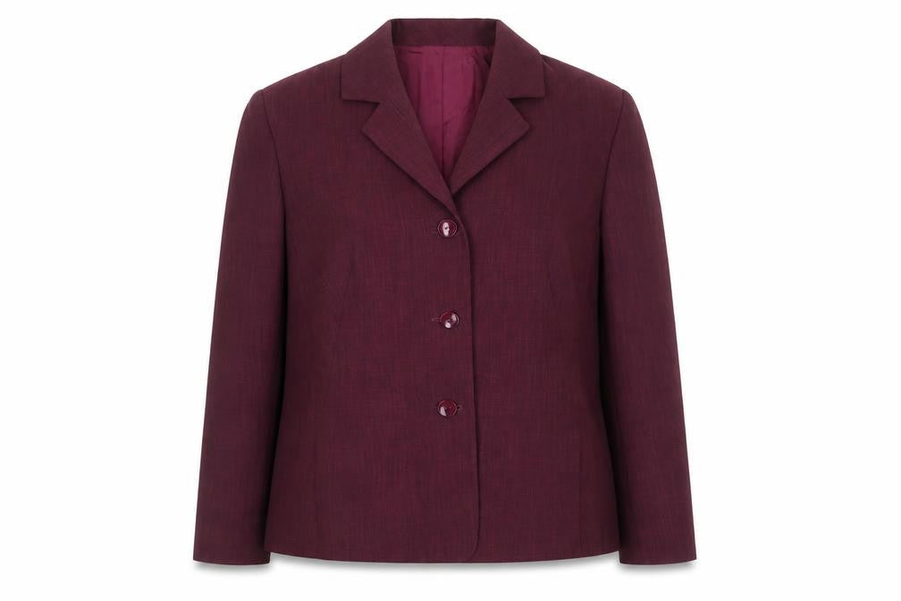 Front view of Liza Lovell women’s purple polyester jacket blazer, size UK 14