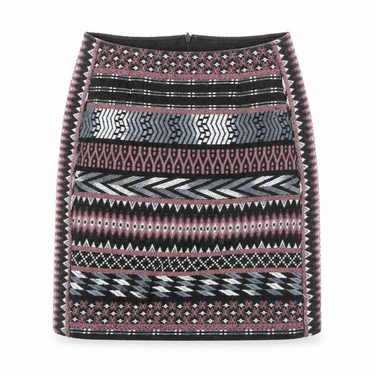 Front view of Monsoon women’s multicoloured geometric polyester a-line skirt, size UK 8, zip