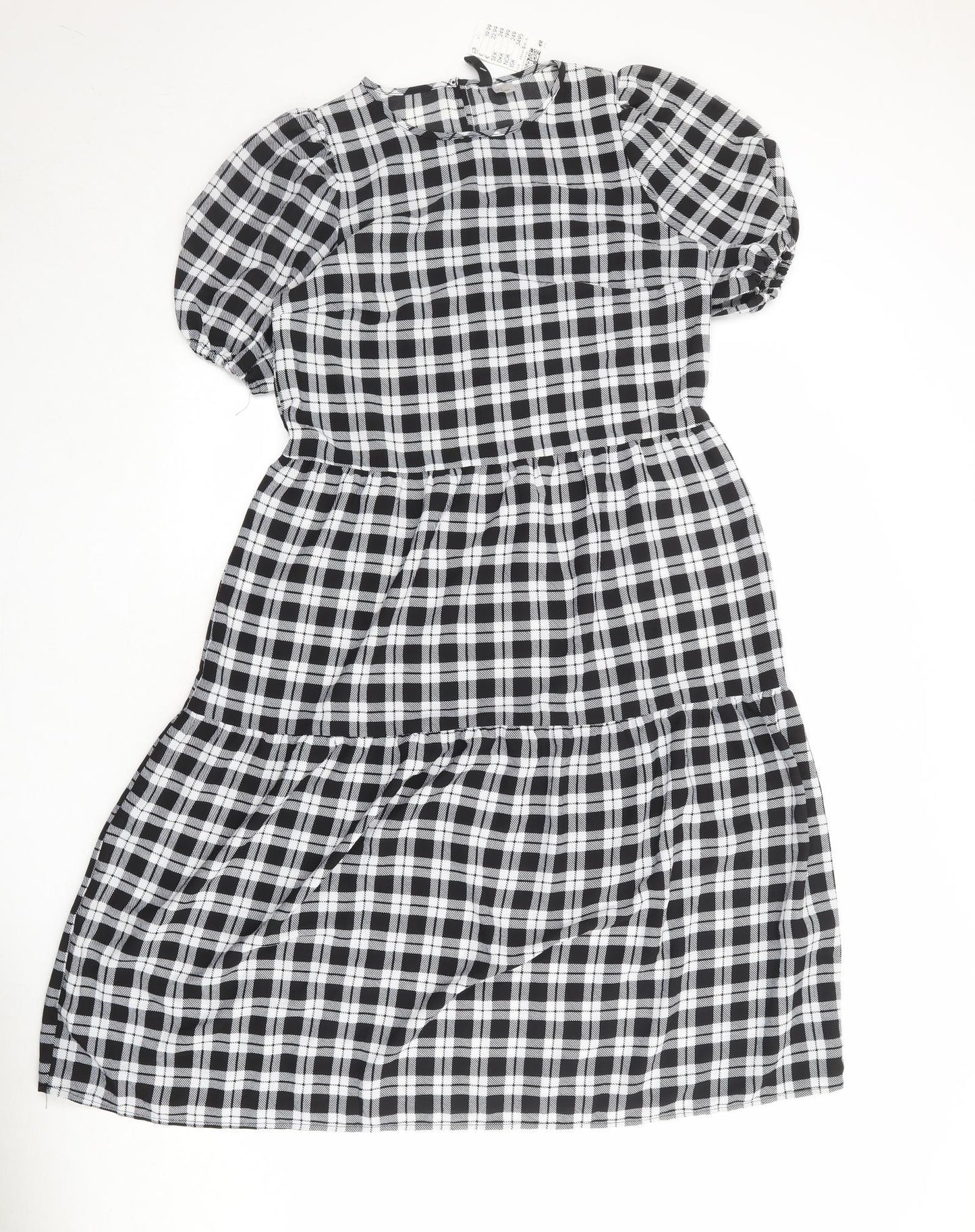 Divided by H&M Womens Black Plaid Polyester A-Line Size S Round Neck Button