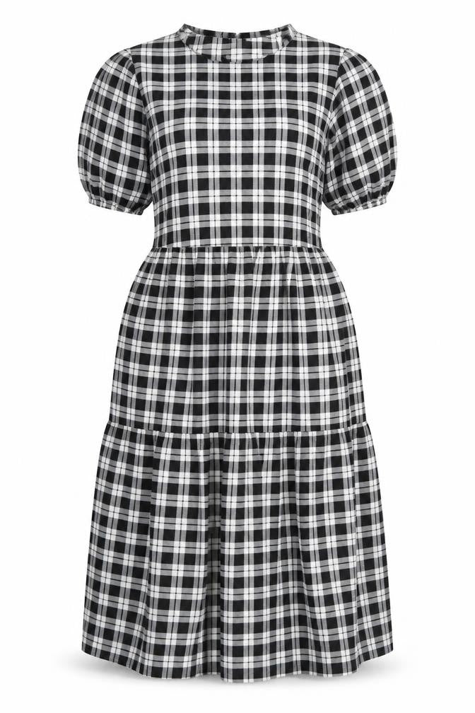 Front view of Divided by H&M women’s black plaid polyester a-line, size S, round neck button