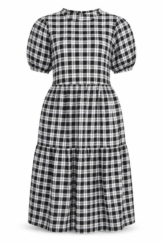 Front view of Divided by H&M women’s black plaid polyester a-line, size S, round neck button