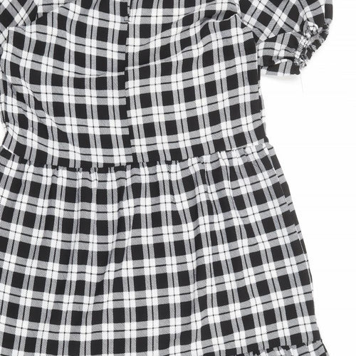 Divided by H&M Womens Black Plaid Polyester A-Line Size S Round Neck Button