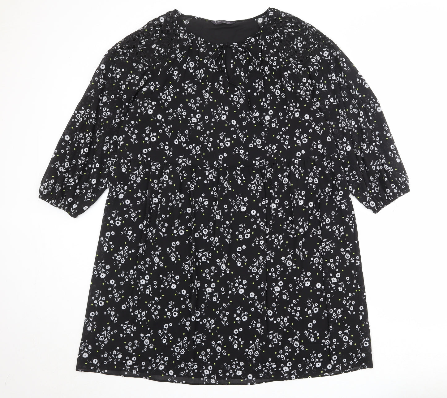 Marks and Spencer Womens Black Floral Polyester A-Line Size 18 Round Neck Tie