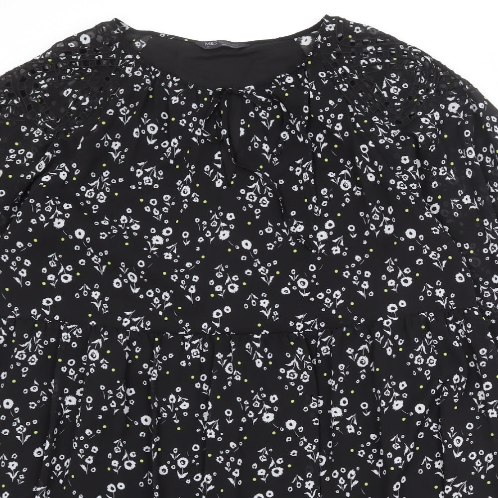 Marks and Spencer Womens Black Floral Polyester A-Line Size 18 Round Neck Tie