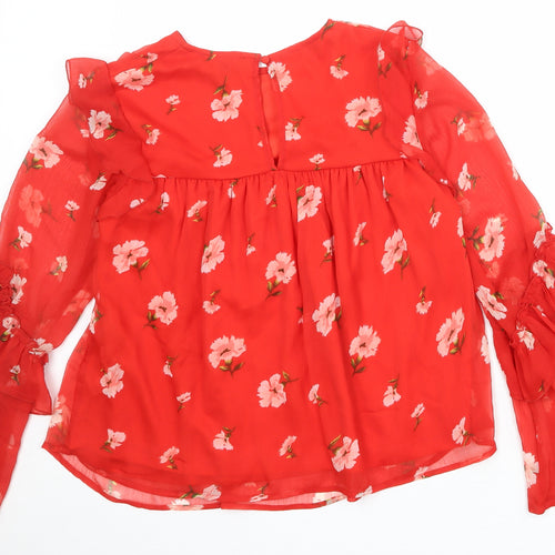 New Look Womens Red Floral Polyester Basic Blouse Size 12 Round Neck