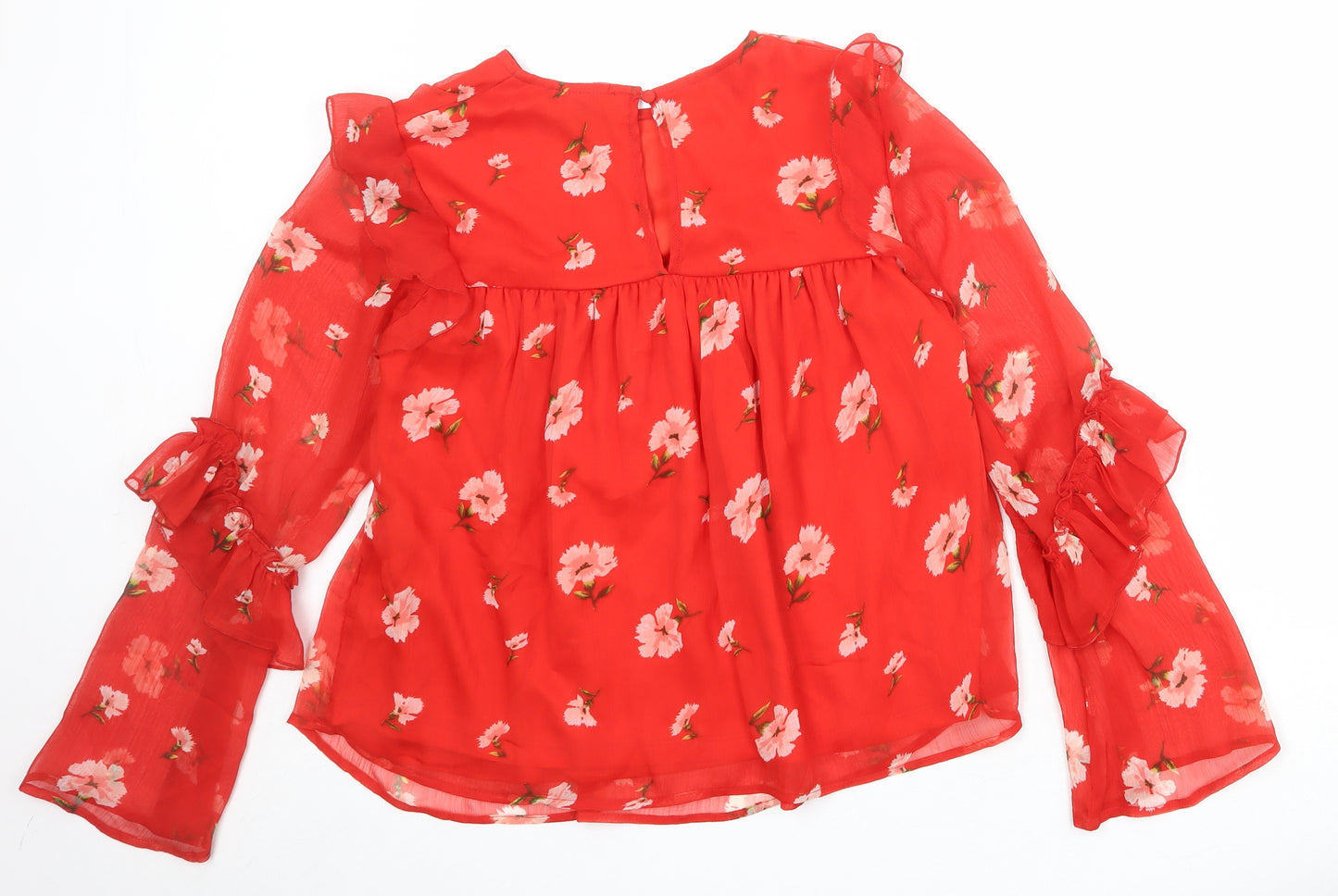 New Look Womens Red Floral Polyester Basic Blouse Size 12 Round Neck