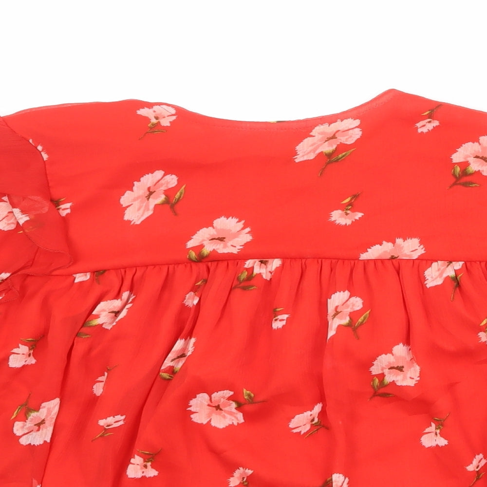 New Look Womens Red Floral Polyester Basic Blouse Size 12 Round Neck