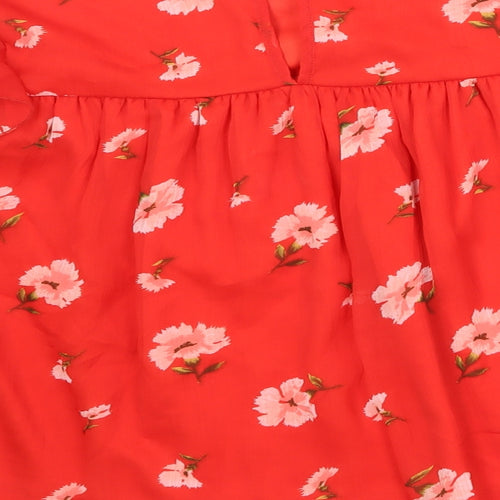 New Look Womens Red Floral Polyester Basic Blouse Size 12 Round Neck