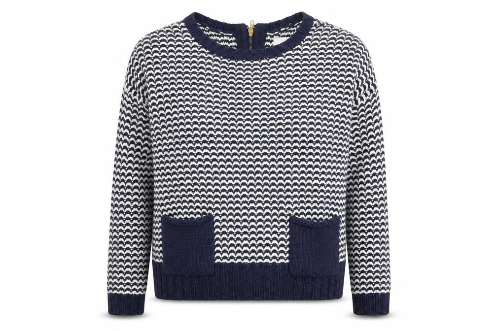 Front view of New Look women’s blue round neck geometric acrylic jumper, size UK 8