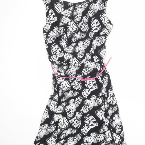Wallis Womens Black Geometric Viscose A-Line Size 10 Round Neck Zip - Butterfly