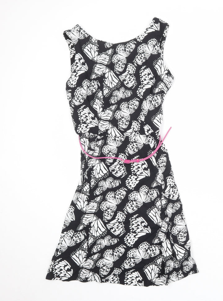 Wallis Womens Black Geometric Viscose A-Line Size 10 Round Neck Zip - Butterfly