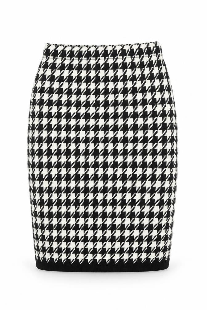 Front view of POP women’s black geometric acrylic straight & pencil skirt, size S, - houndstooth pattern