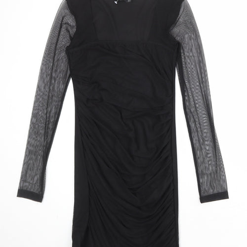 Boohoo Womens Black Nylon Pencil Dress Size 12 Square Neck Pullover - Mesh Overlay