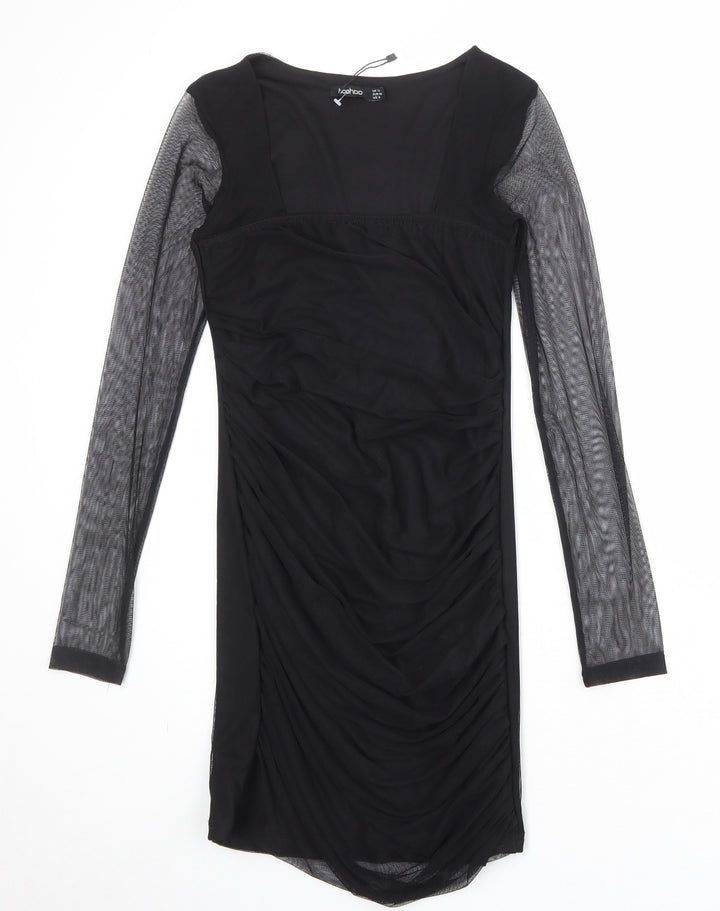 Boohoo Womens Black Nylon Pencil Dress Size 12 Square Neck Pullover - Mesh Overlay