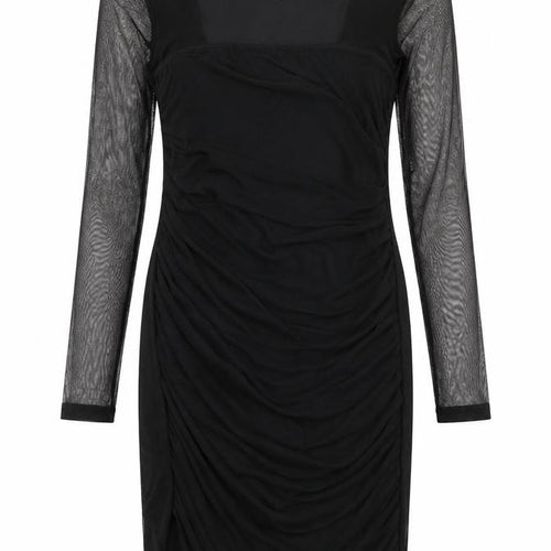 Boohoo Womens Black Nylon Pencil Dress Size 12 Square Neck Pullover - Mesh Overlay