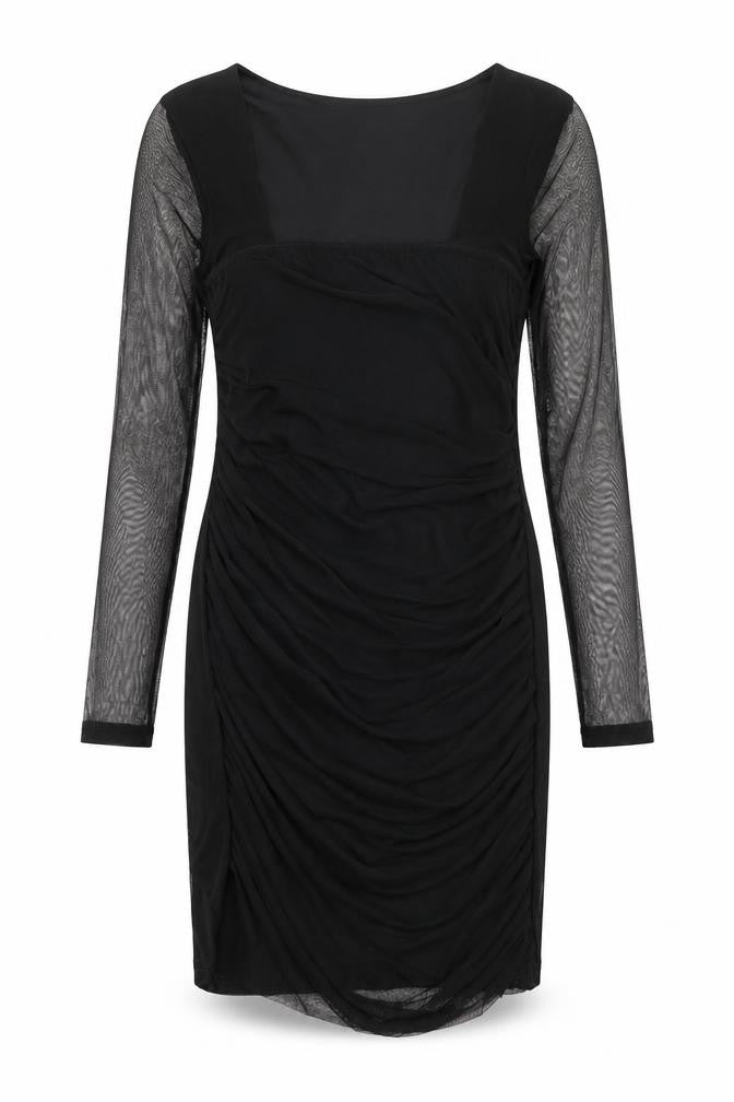Boohoo Womens Black Nylon Pencil Dress Size 12 Square Neck Pullover - Mesh Overlay
