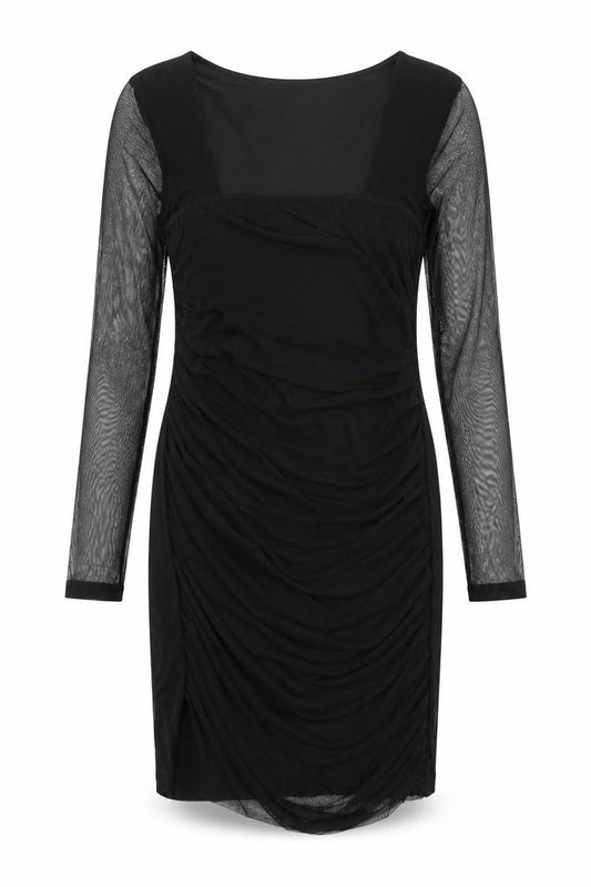 Front view of Boohoo women’s black nylon pencil dress, size UK 12, square neck pullover - mesh overlay