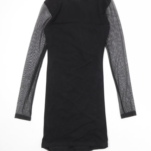 Boohoo Womens Black Nylon Pencil Dress Size 12 Square Neck Pullover - Mesh Overlay