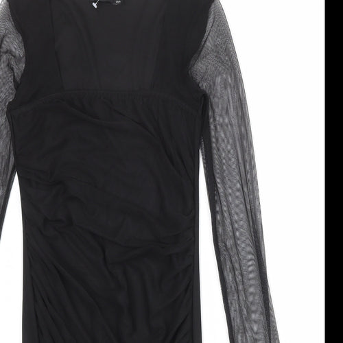 Boohoo Womens Black Nylon Pencil Dress Size 12 Square Neck Pullover - Mesh Overlay