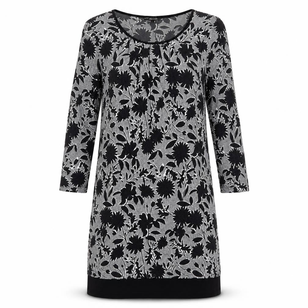 Front view of Debenhams women’s black floral viscose a-line, size UK 12, round neck pullover