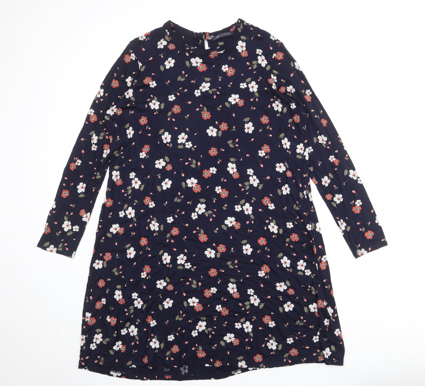 Marks and Spencer Womens Blue Floral Viscose A-Line Size 18 Round Neck Button