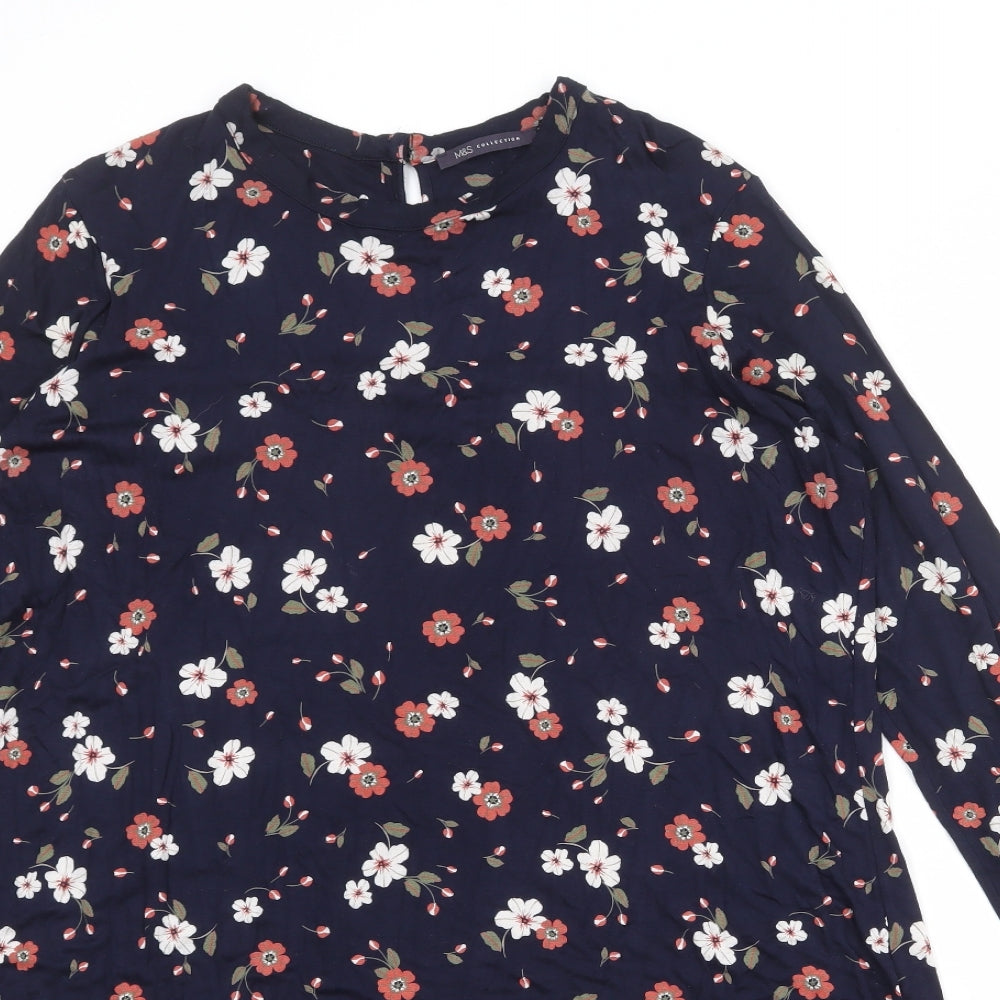 Marks and Spencer Womens Blue Floral Viscose A-Line Size 18 Round Neck Button