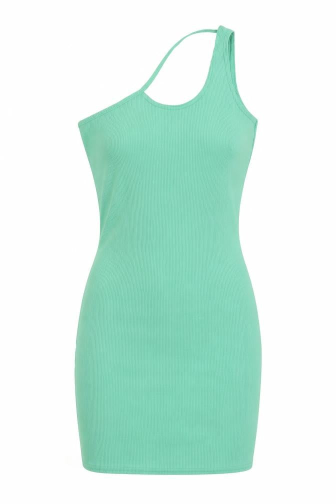 Front view of PRETTYLITTLETHING women’s green polyester mini, size UK 10, one shoulder pullover