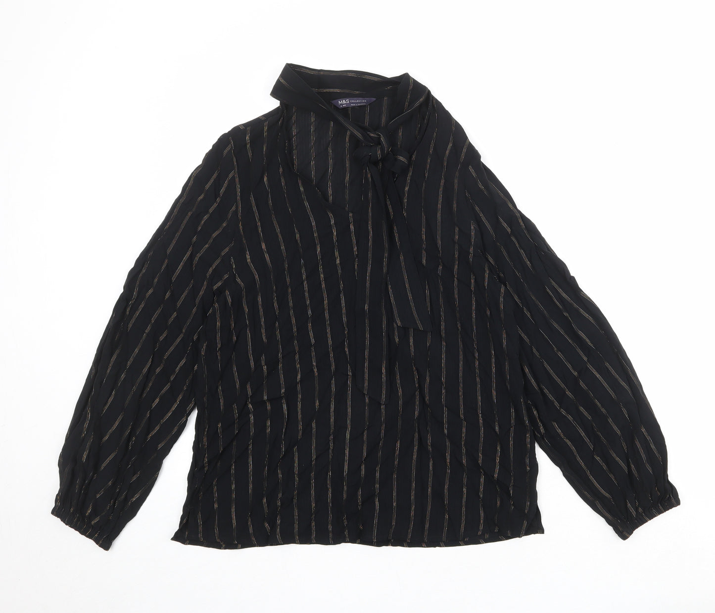 Marks and Spencer Womens Black Striped Viscose Basic Blouse Size 10 Round Neck