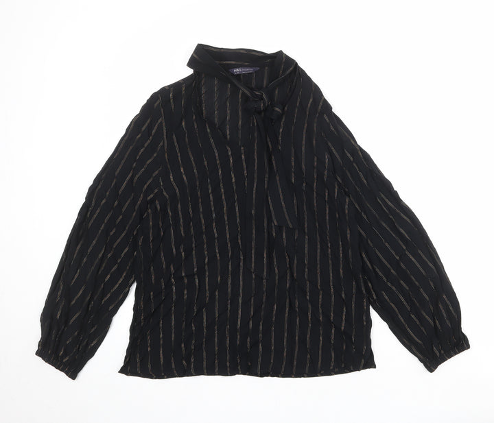 Marks and Spencer Womens Black Striped Viscose Basic Blouse Size 10 Round Neck