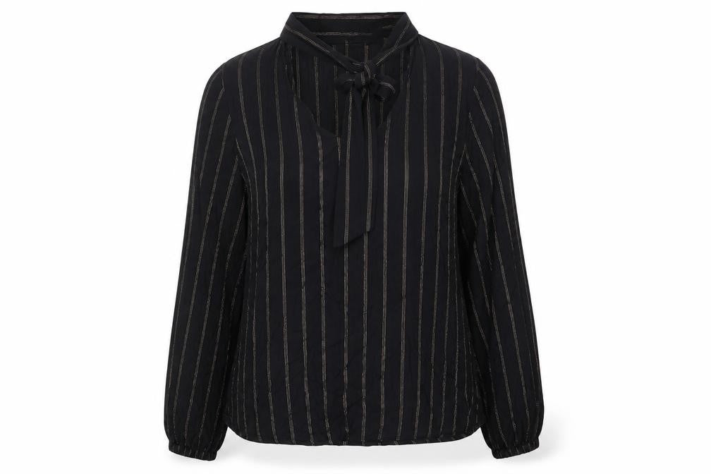 Front view of Marks & Spencer women’s black striped viscose basic blouse, size UK 10, round neck