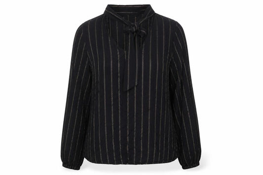 Front view of Marks & Spencer women’s black striped viscose basic blouse, size UK 10, round neck