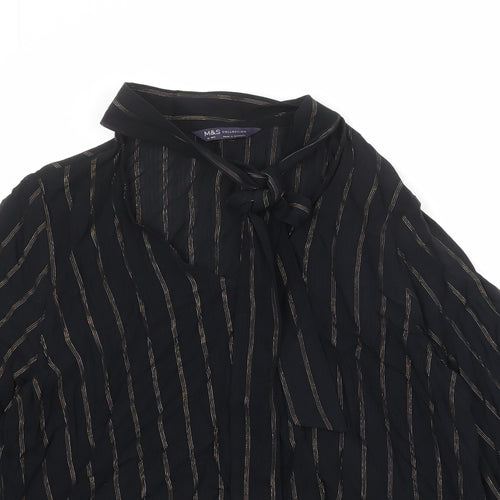 Marks and Spencer Womens Black Striped Viscose Basic Blouse Size 10 Round Neck