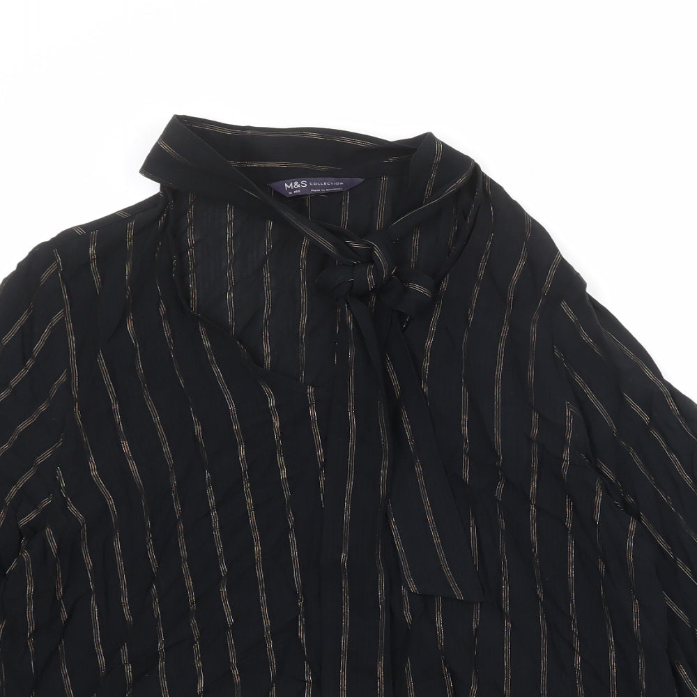 Marks and Spencer Womens Black Striped Viscose Basic Blouse Size 10 Round Neck