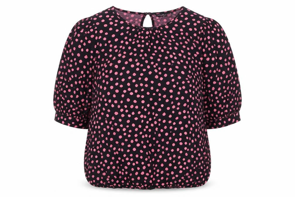 Front view of Dorothy Perkins women’s black polka dot viscose basic blouse, size UK 10, round neck