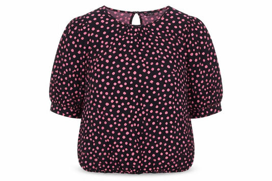 Front view of Dorothy Perkins women’s black polka dot viscose basic blouse, size UK 10, round neck