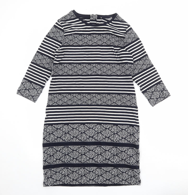 Marks and Spencer Womens Blue Geometric Cotton T-Shirt Dress Size 10 Round Neck Zip