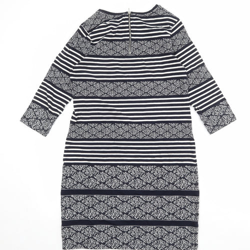 Marks and Spencer Womens Blue Geometric Cotton T-Shirt Dress Size 10 Round Neck Zip