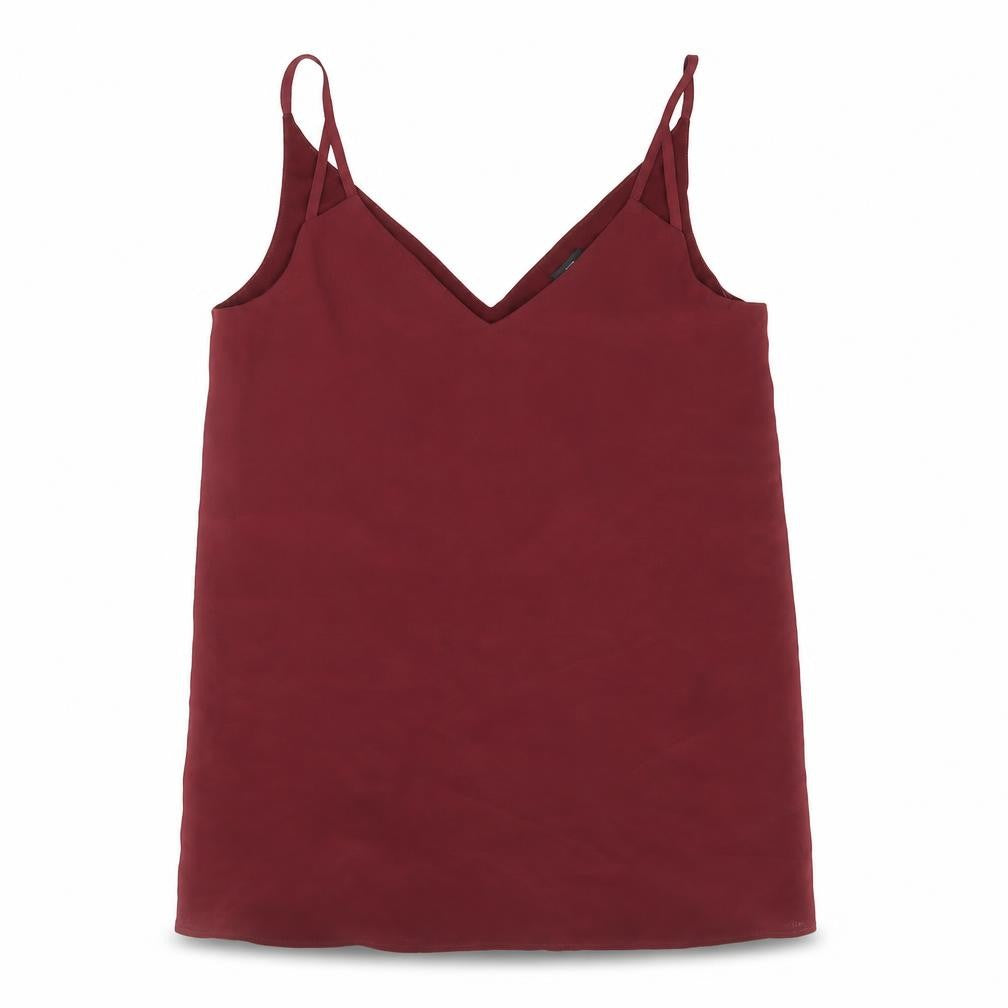 Front view of River Island women’s red polyester basic tank, size UK 8, v-neck