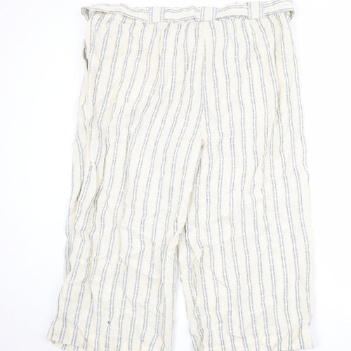 Marks and Spencer Womens Beige Striped Linen Trousers Size 20 Regular Zip