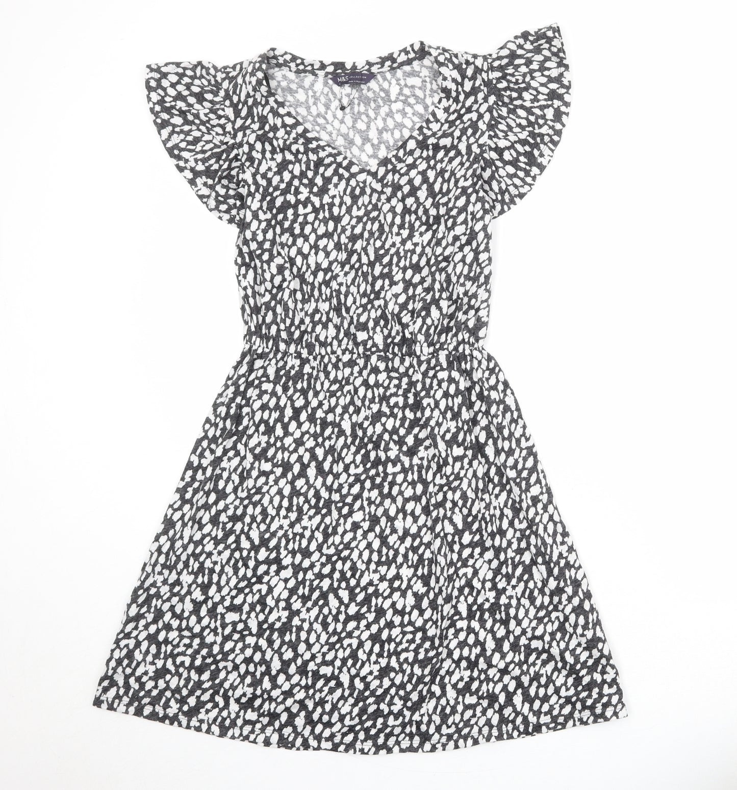 Marks and Spencer Womens Grey Animal Print Linen A-Line Size 6 V-Neck Pullover - Cheetah Print