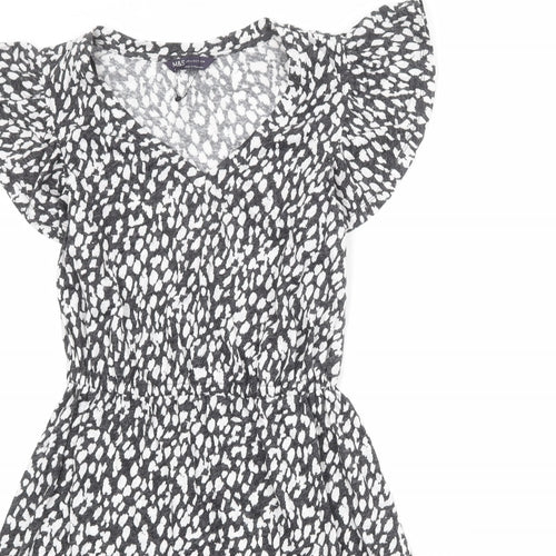 Marks and Spencer Womens Grey Animal Print Linen A-Line Size 6 V-Neck Pullover - Cheetah Print