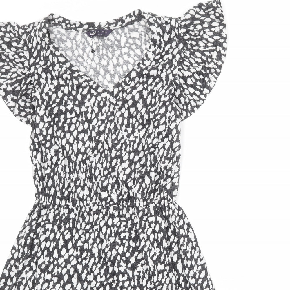 Marks and Spencer Womens Grey Animal Print Linen A-Line Size 6 V-Neck Pullover - Cheetah Print