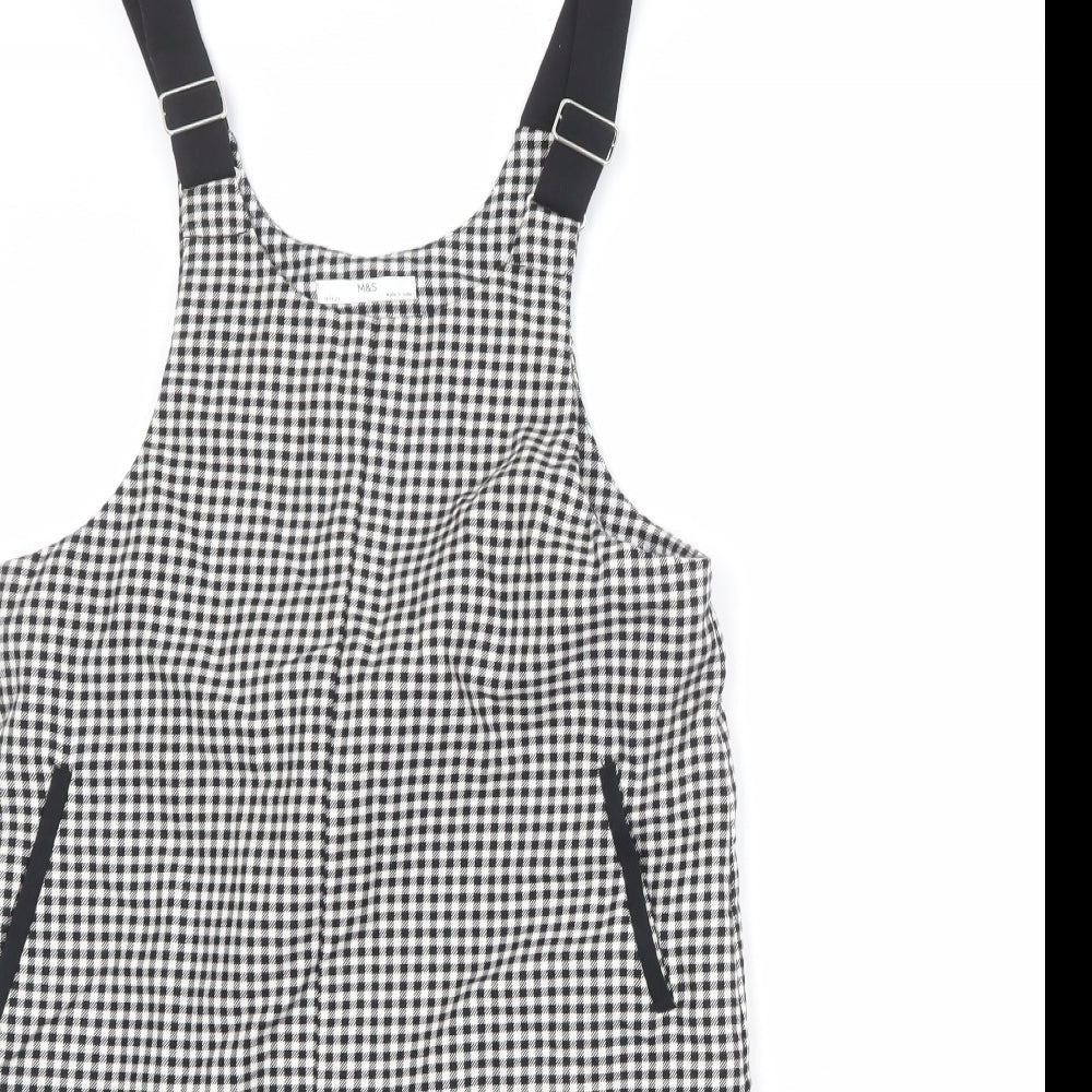Marks and Spencer Girls Black Check Polyester Pinafore/Dungaree Dress Size 13-14 Years Scoop Neck Buckle