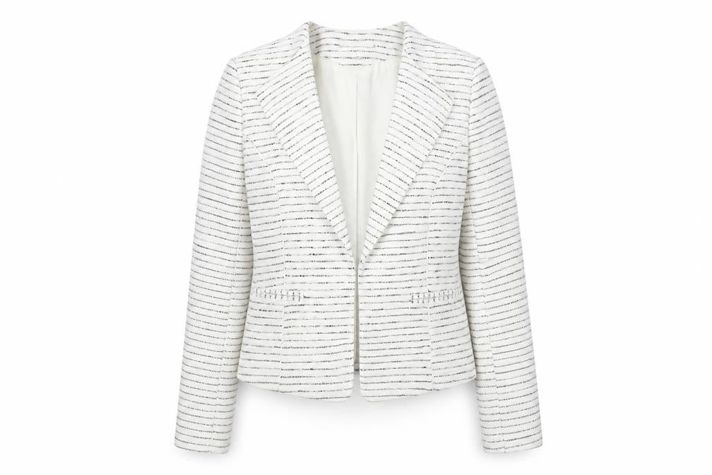 Front view of H&M women’s white striped jacket blazer, size UK 10