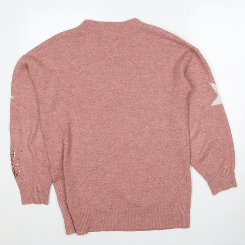 NEXT Womens Pink Crew Neck Geometric Polyester Pullover Jumper Size M - Stars Sequin