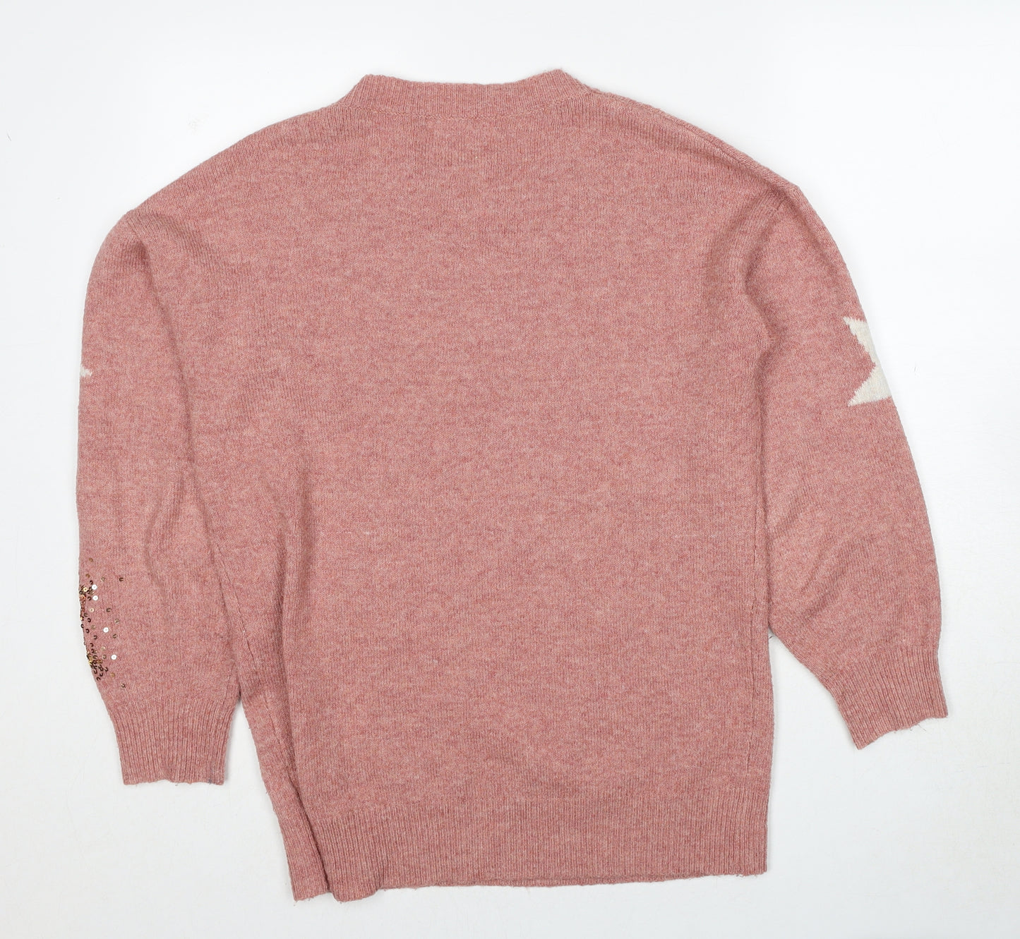 NEXT Womens Pink Crew Neck Geometric Polyester Pullover Jumper Size M - Stars Sequin